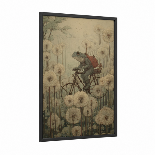 Adventurous Toad framed frogs and toads print — black wood frame — cream and sage green palette