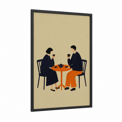 Couple Tea Time Minimalist Wall Art framed art print — black wood frame — orange and beige palette