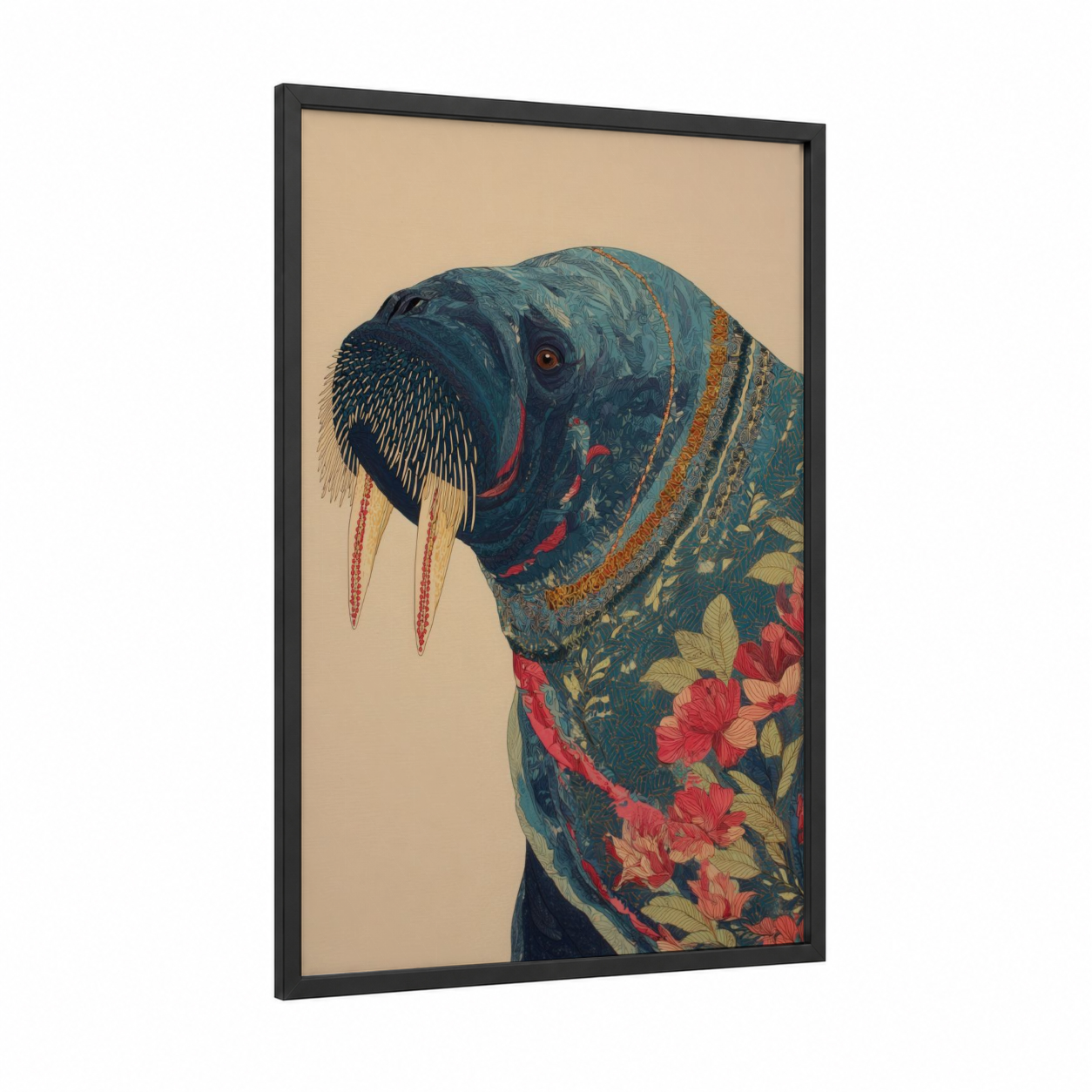 Ornate Walrus framed art print — black wood frame — dark blue and gold and pink palette