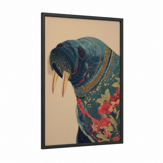 Ornate Walrus framed art print — black wood frame — dark blue and gold and pink palette