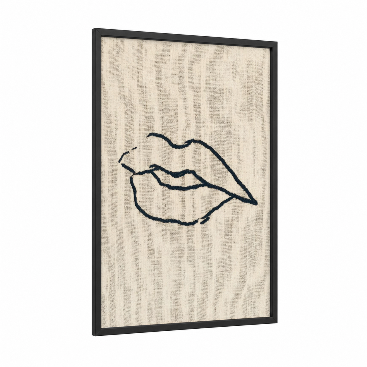 Minimalist Lips framed art print — black wood frame — beige and black palette