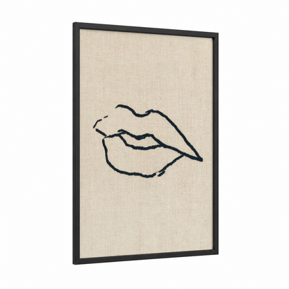 Minimalist Lips framed art print — black wood frame — beige and black palette