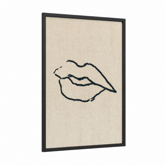 Minimalist Lips framed art print — black wood frame — beige and black palette