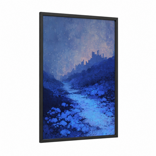 Starlit Highway framed road and highways print — black wood frame — blue and dark blue palette