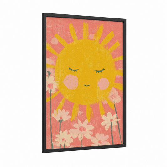 Cheerful Sun framed the sun print — black wood frame — yellow gold and peach palette