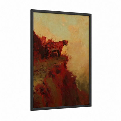 Crimson Jaguar framed art print — black wood frame — red and gold palette
