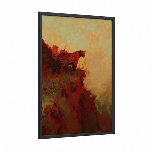 Crimson Jaguar framed art print — black wood frame — red and gold palette
