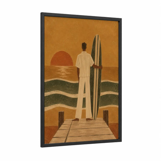 Surfer Sunset Pier Wall Art framed surfing print — black wood frame — orange and brown palette