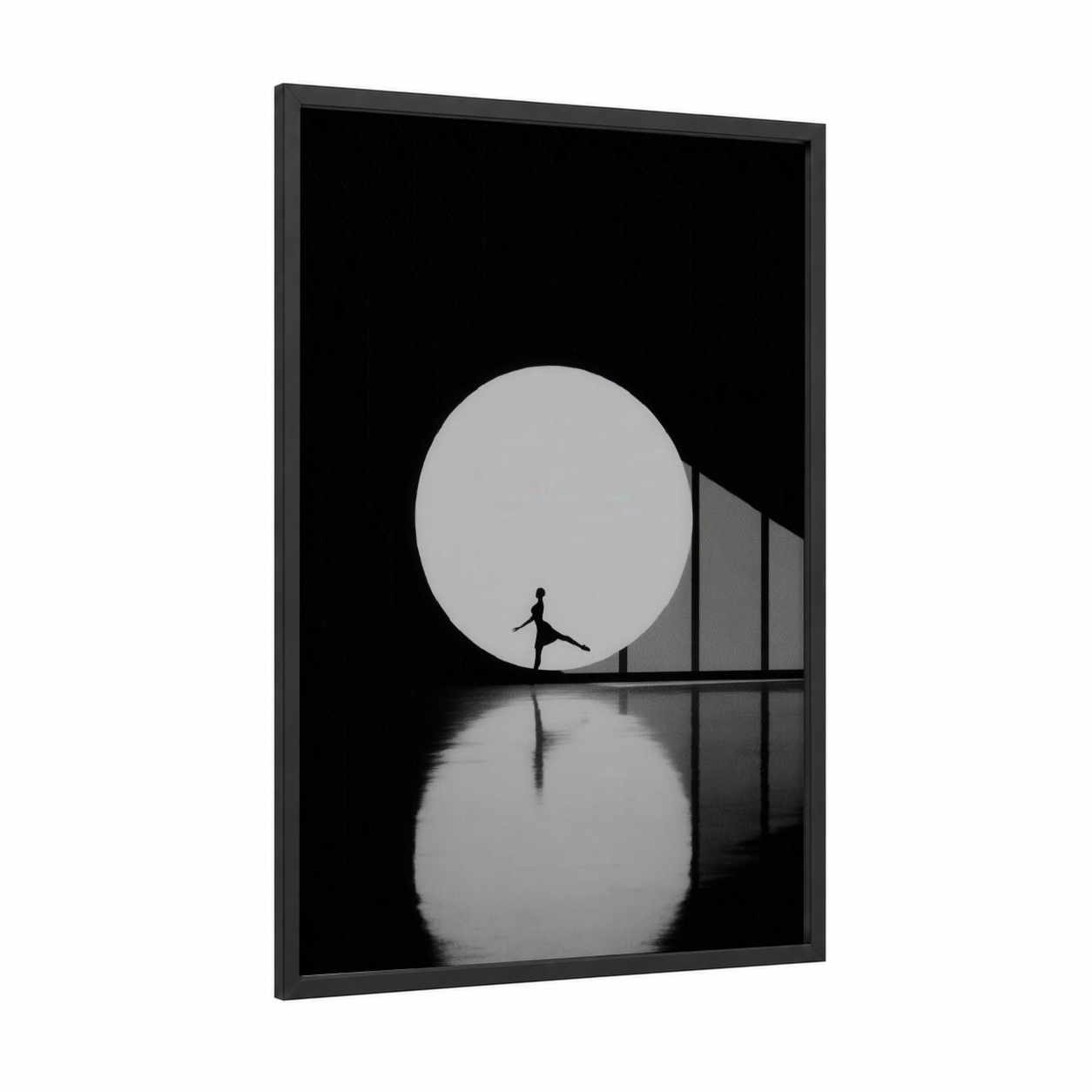 Moonlit Balance framed modern dance print — black wood frame — black and white and gray palette