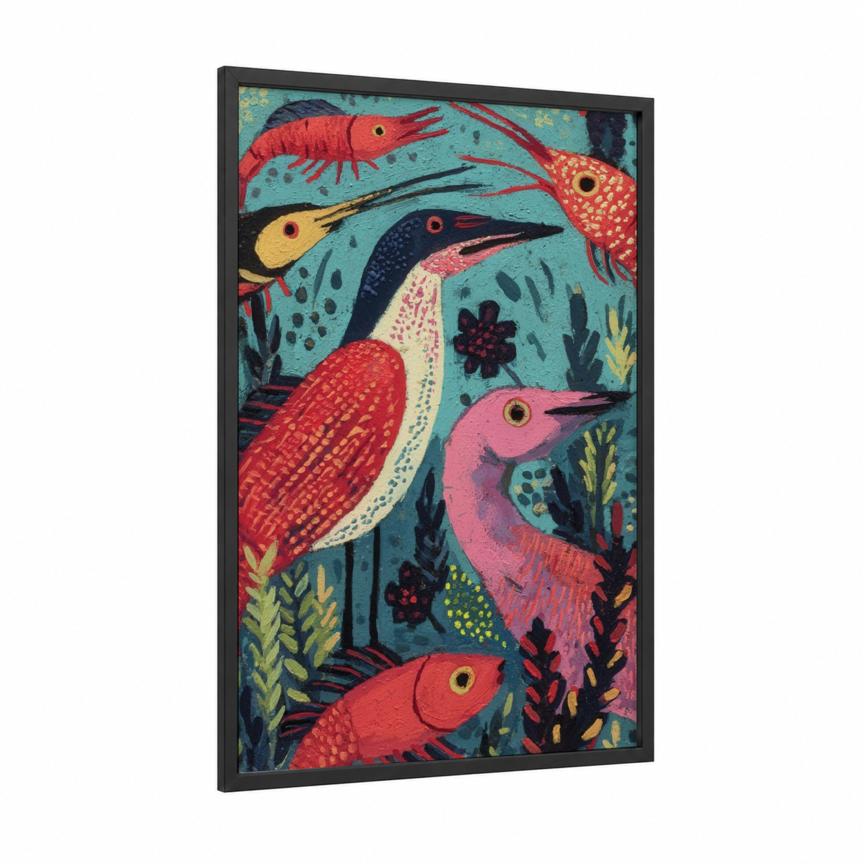 Coral Shrimp Garden framed art print — black wood frame — turquoise and red palette