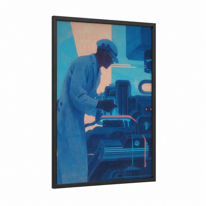 Industrial Worker framed labor day print — black wood frame — blue and peach palette