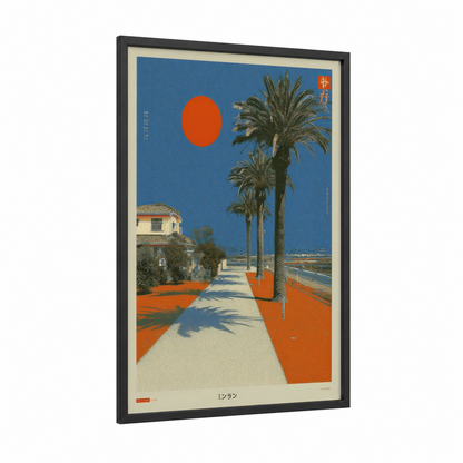 Sunset Palm Avenue framed japanese y2k print — black wood frame — blue and orange palette