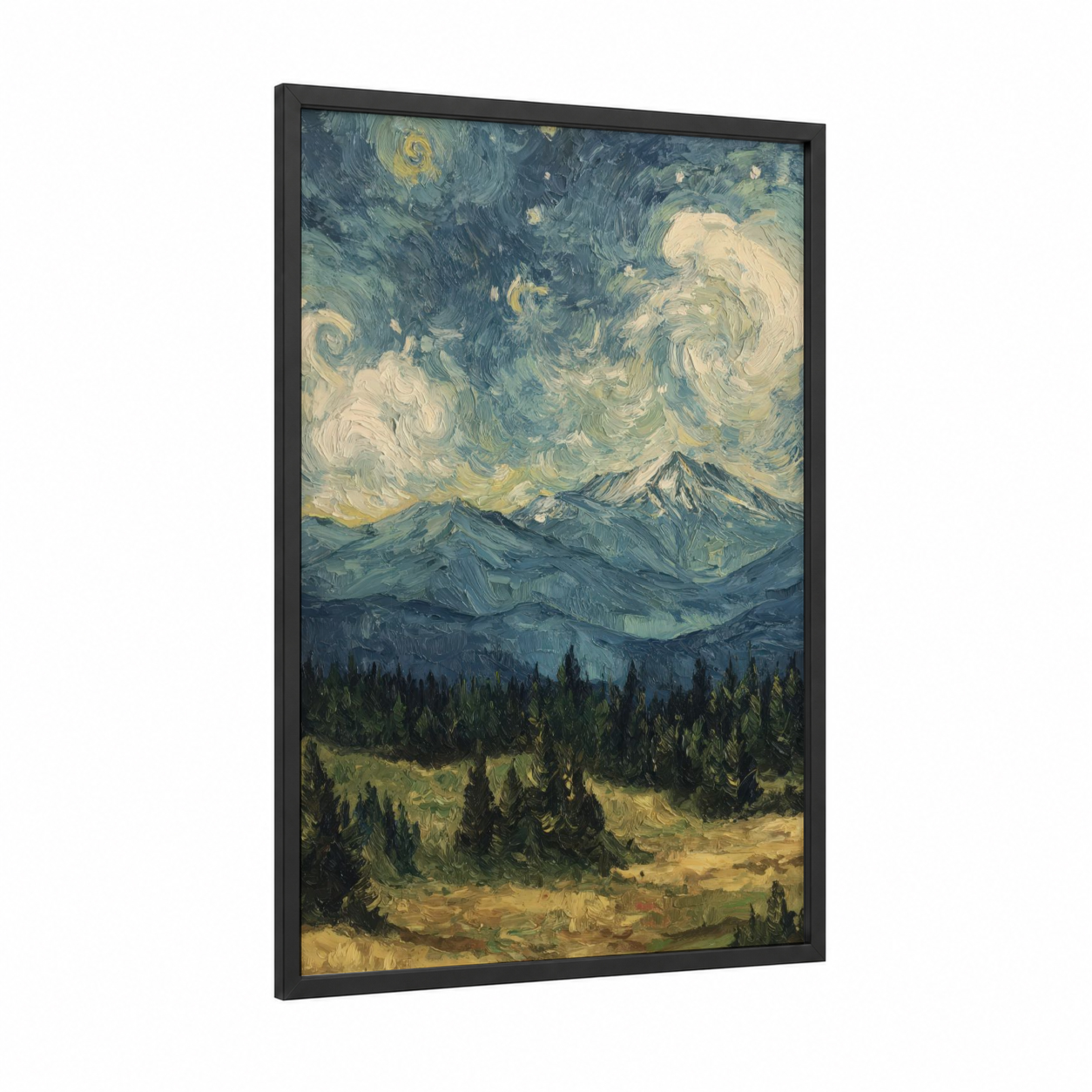 Starlit Sierra Nevada framed art print — black wood frame — blue and gold palette