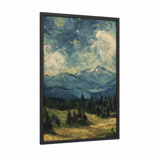 Starlit Sierra Nevada framed art print — black wood frame — blue and gold palette