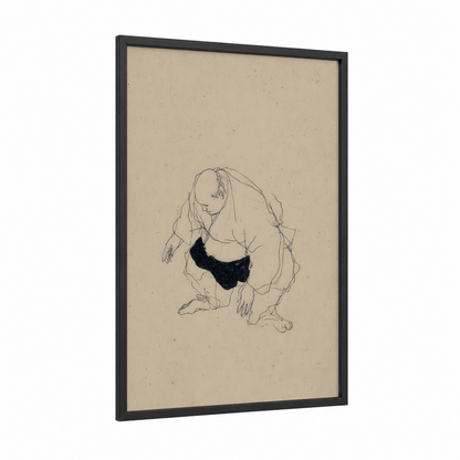 Contemplative Sumo framed art print — black wood frame — beige and black and white palette