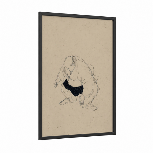 Contemplative Sumo framed art print — black wood frame — beige and black and white palette