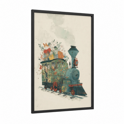 Whimsical Train Adventure framed art print — black wood frame — teal and cream palette
