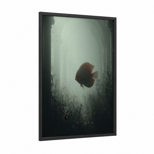 Mystic Discus framed discus fish print — black wood frame — gray and white and sage green palette