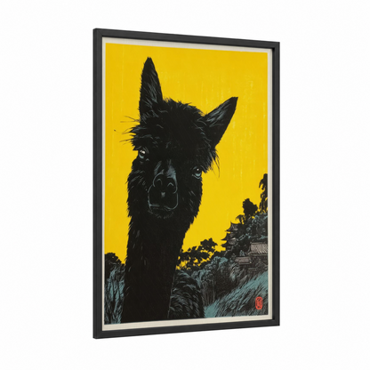 Golden Hour Alpaca framed art print — black wood frame — yellow gold and black and white palette