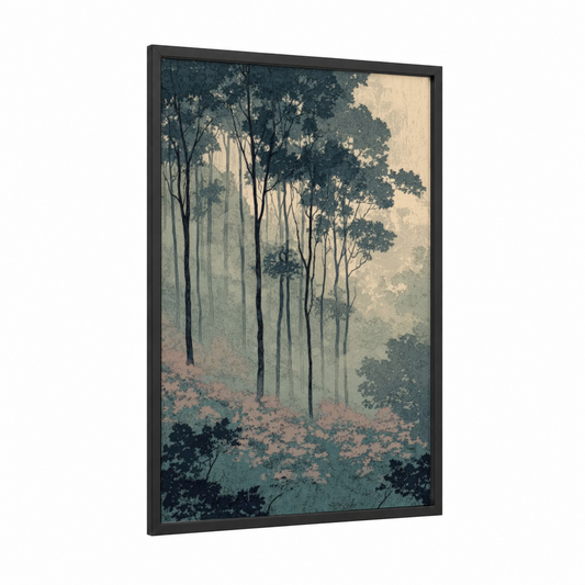 Misty Maple Forest framed art print — black wood frame — blue and salmon pink palette