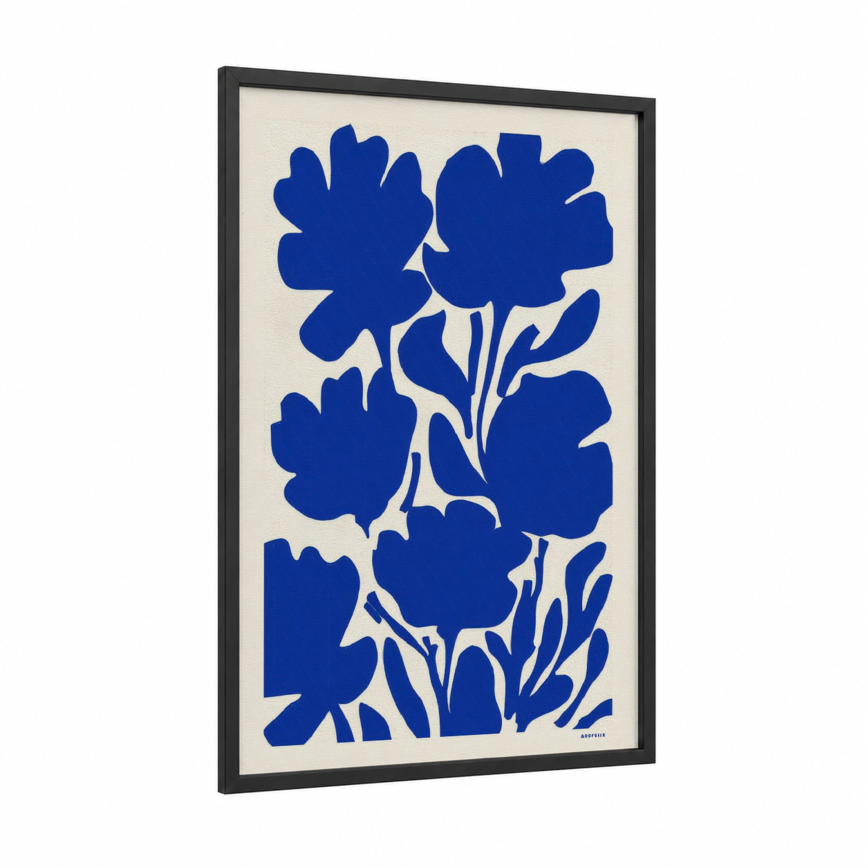 Blue Abstract Flowers framed art print — black wood frame — blue and cream palette