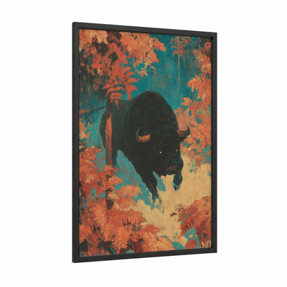 Charging Taurus framed art print — black wood frame — russet and teal palette