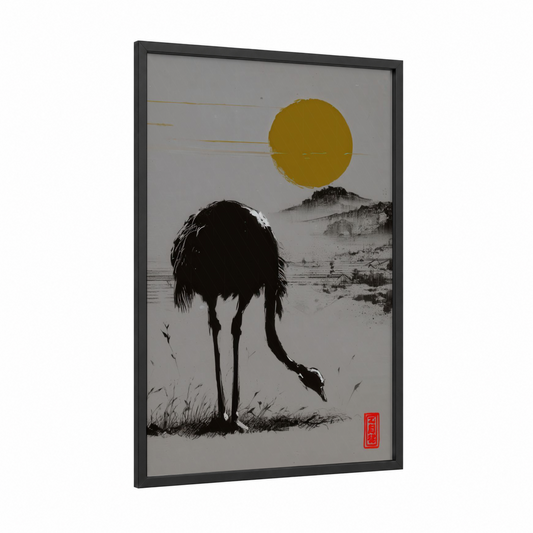 Golden Hour Ostrich framed art print — black wood frame — gold and black and white palette