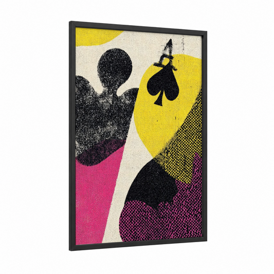 Spade Suit Gambit framed card game print — black wood frame — yellow gold and magenta palette