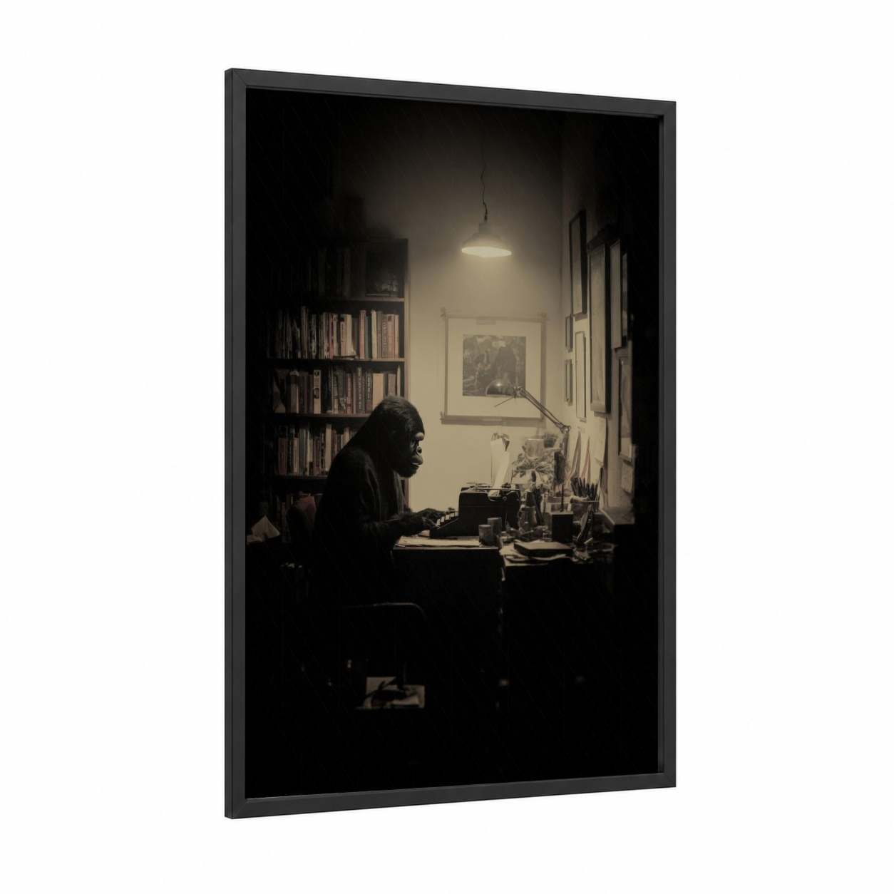 Studious Gorilla framed art print — black wood frame — black and white and nobel palette