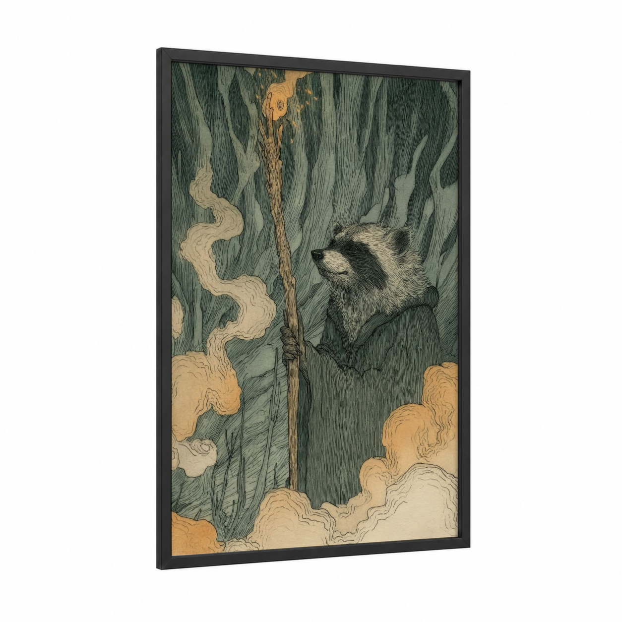 Mystical Raccoon framed art print — black wood frame — dark green and cream palette