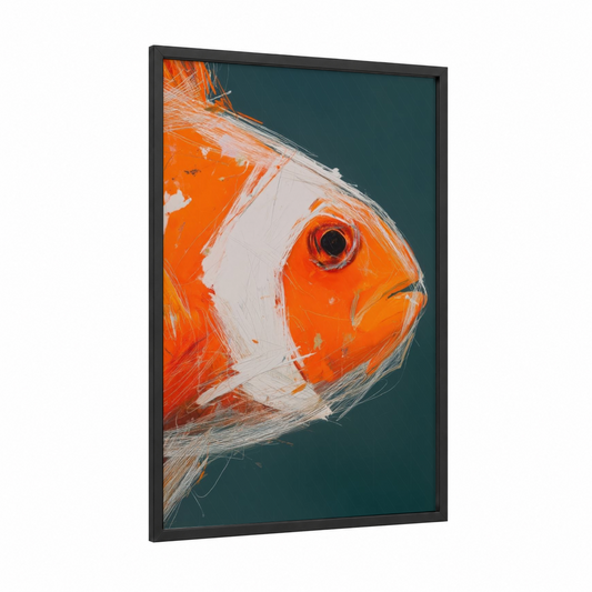 Orange Clownfish Portrait framed clown fish print — black wood frame — orange and dark blue palette