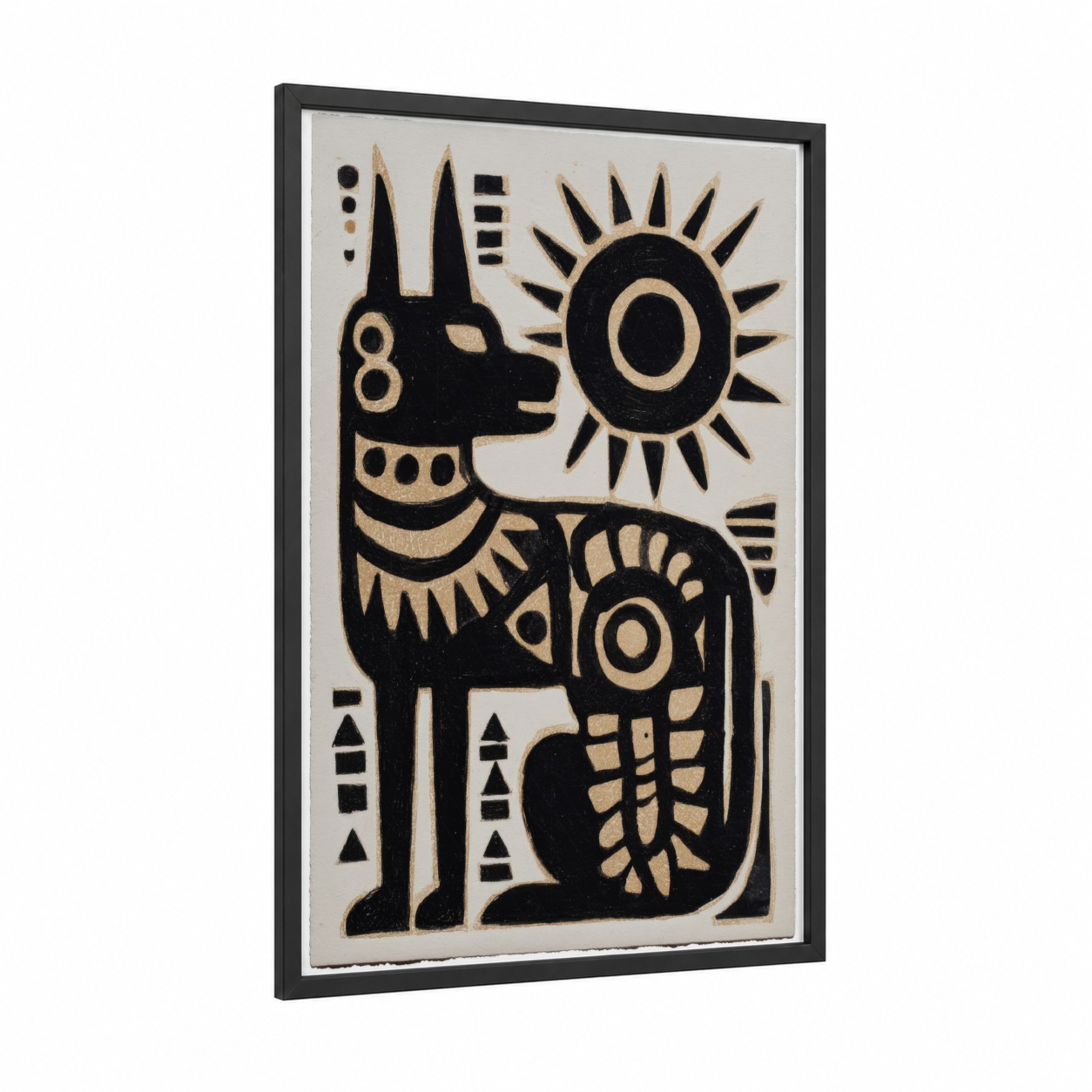 Sacred Sun Guardian framed abstract traditional print — black wood frame — black and cream palette