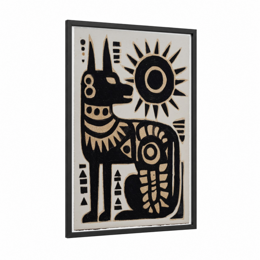 Sacred Sun Guardian framed abstract traditional print — black wood frame — black and cream palette