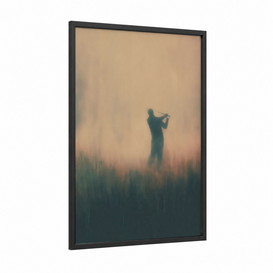 Misty Golfer framed art print — black wood frame — beige and teal palette