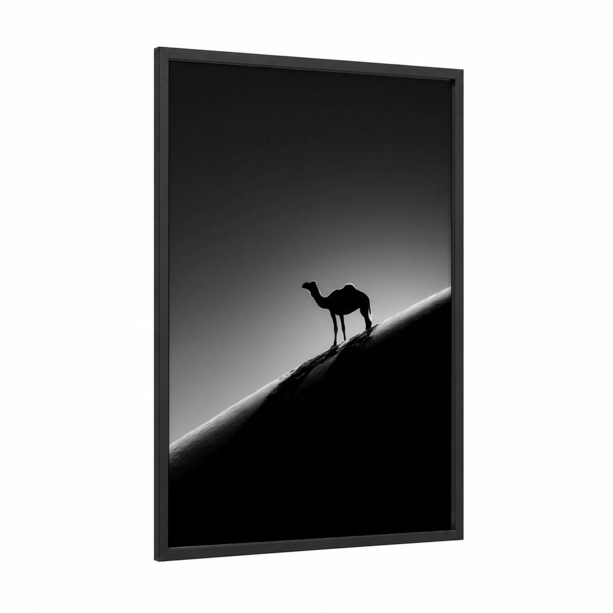 Desert Silhouette Camel framed art print — black wood frame — black and white and gray palette