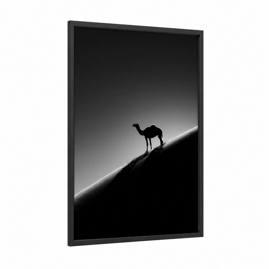 Desert Silhouette Camel framed art print — black wood frame — black and white and gray palette