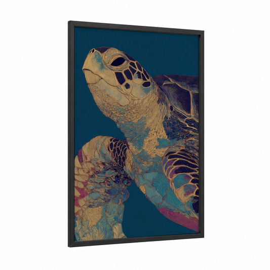 Golden Sea Turtle framed art print — black wood frame — gold and teal palette
