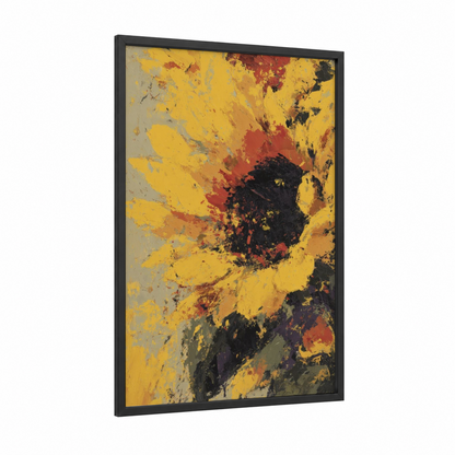 Expressive Sunflower framed art print — black wood frame — yellow gold and black and red palette