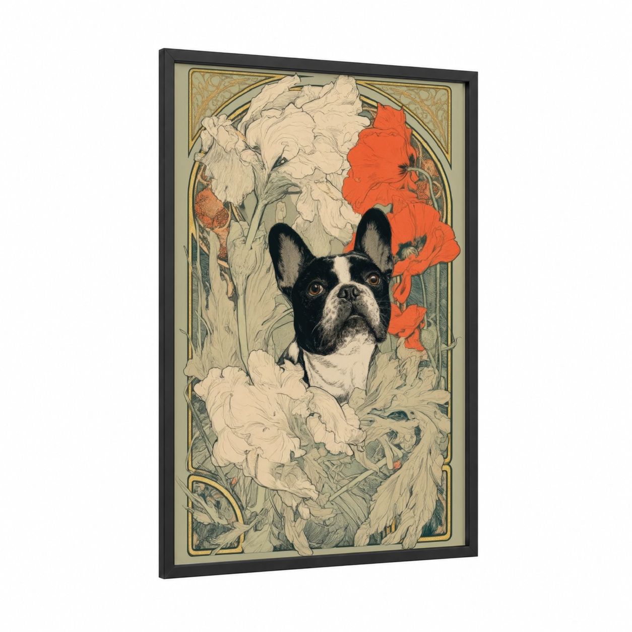 Crimson Bulldog framed art print — black wood frame — cream and red palette