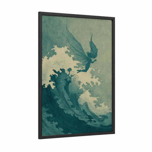 Ethereal Wave Fairy framed art print — black wood frame — teal and cream palette