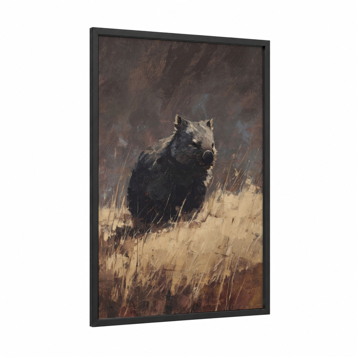 Grassland Wombat framed art print — black wood frame — brown and cream palette