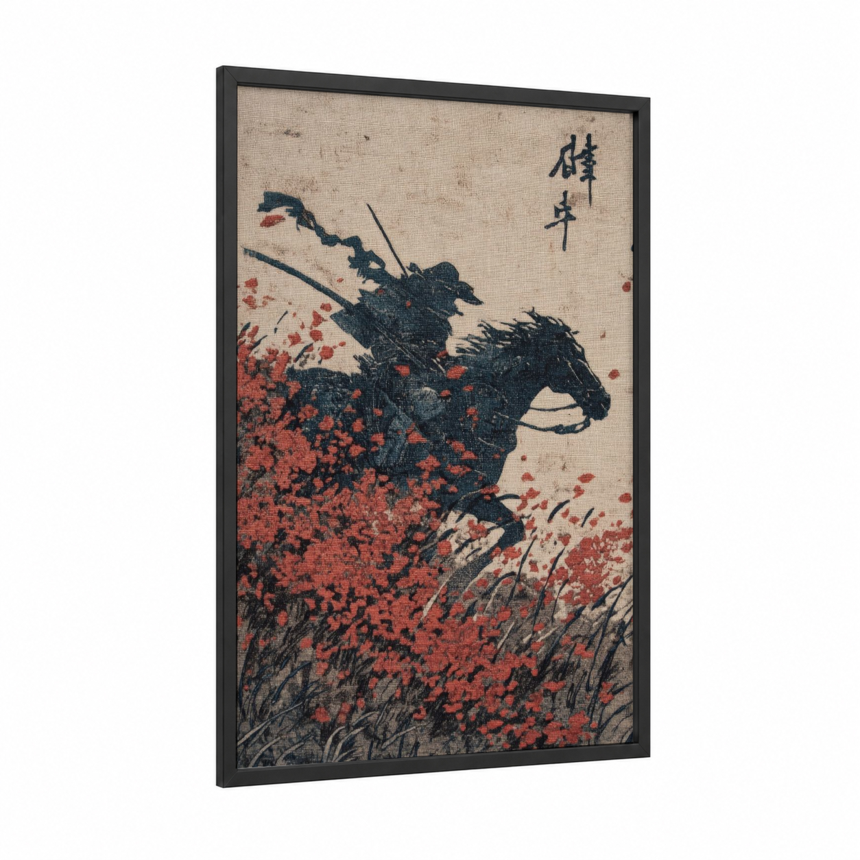 Crimson Poppy Rider framed horseback print — black wood frame — black and white and red palette