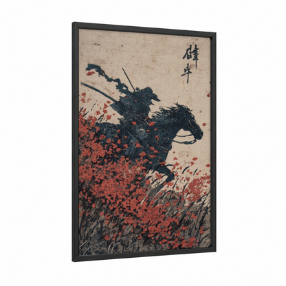 Crimson Poppy Rider framed horseback print — black wood frame — black and white and red palette