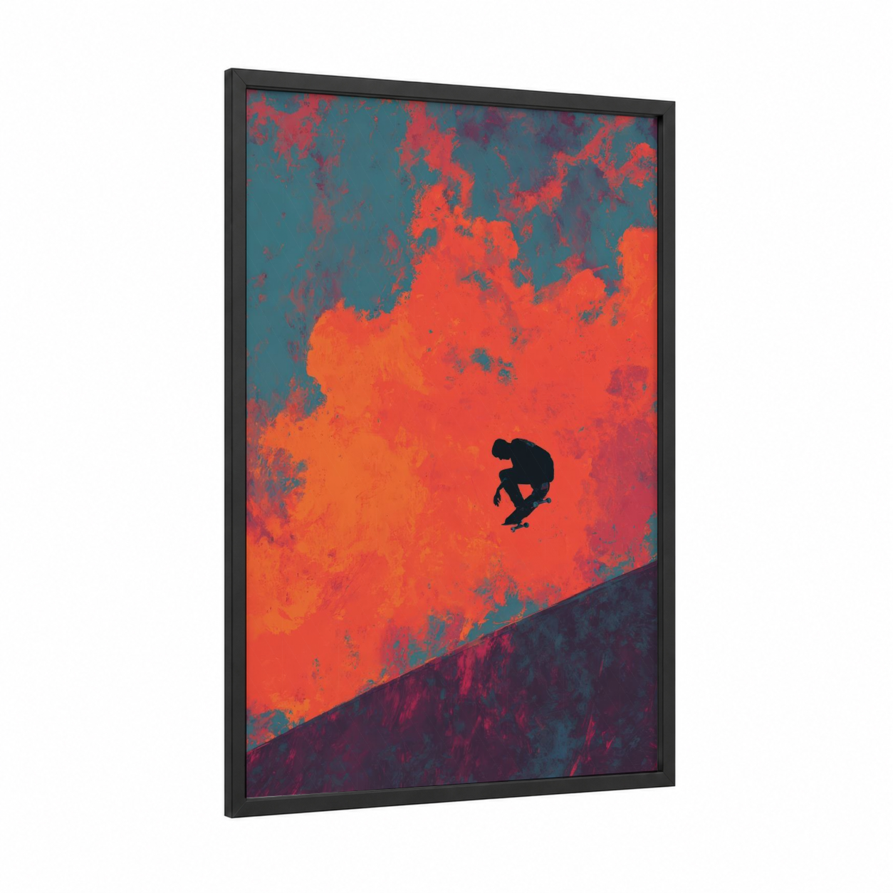 Inferno Skateboarder framed skateboarding print — black wood frame — red and teal palette