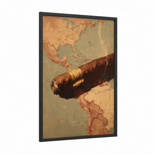 Vintage Cigar Map framed cigars print — black wood frame — russet and cream palette