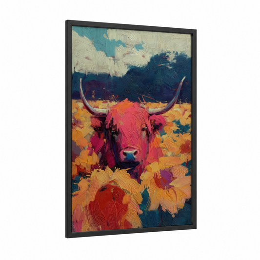 Vibrant Highland Majesty framed highland cow print — black wood frame — magenta and gold palette