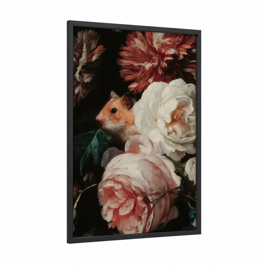 Floral Hamster Portrait framed art print — black wood frame — black and rose gold palette