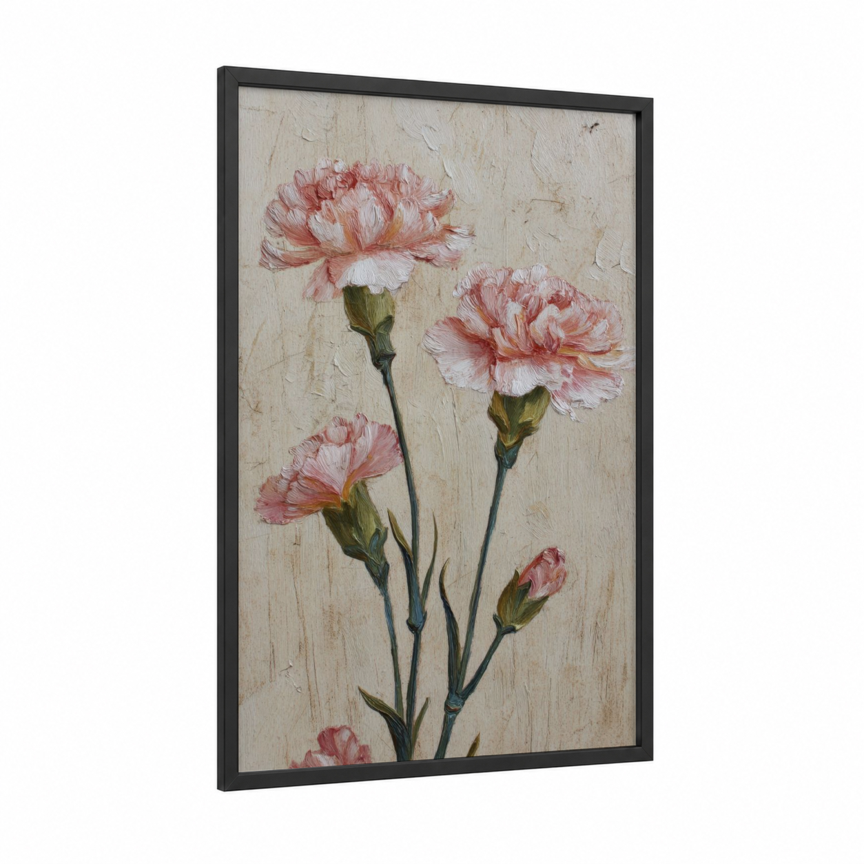 Blushing Carnations framed art print — black wood frame — pink and cream palette