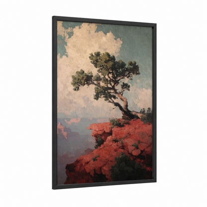 Clifftop Juniper framed juniper tree print — black wood frame — russet and dove gray palette