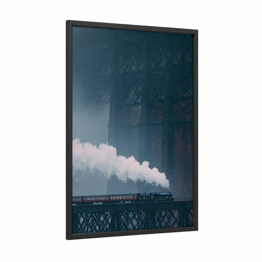 Steampunk Railway Bridge framed bridges print — black wood frame — dark blue and gray palette